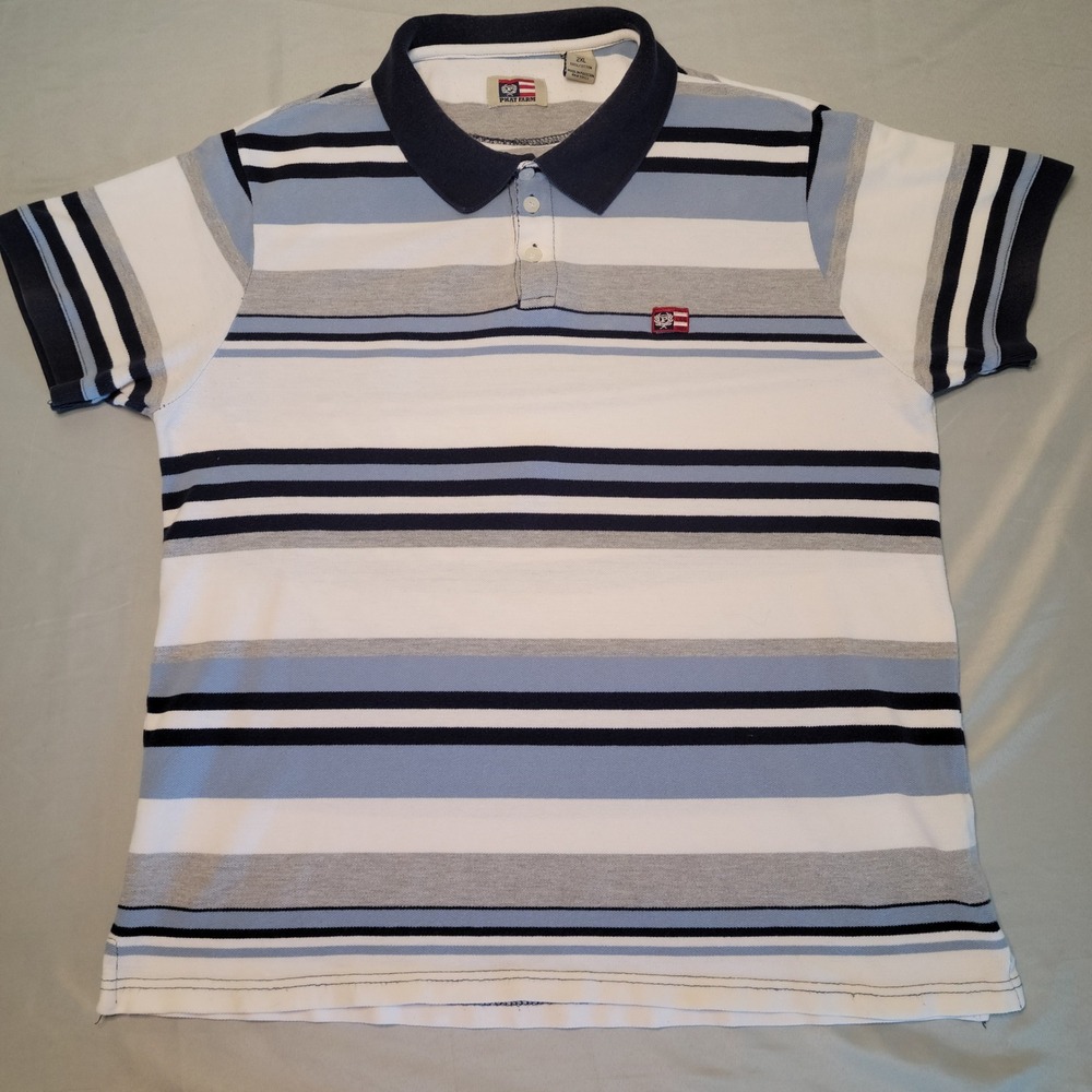 Phat Farm Polo Shirt Mens 2XL Blue White Striped Cotton Short Sleeve Y2K‎ Urban